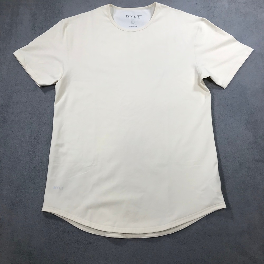 BYLT Lux T-Shirt Mens Large Cream Stretch Drop Cut Curved Hem Short Sleeve